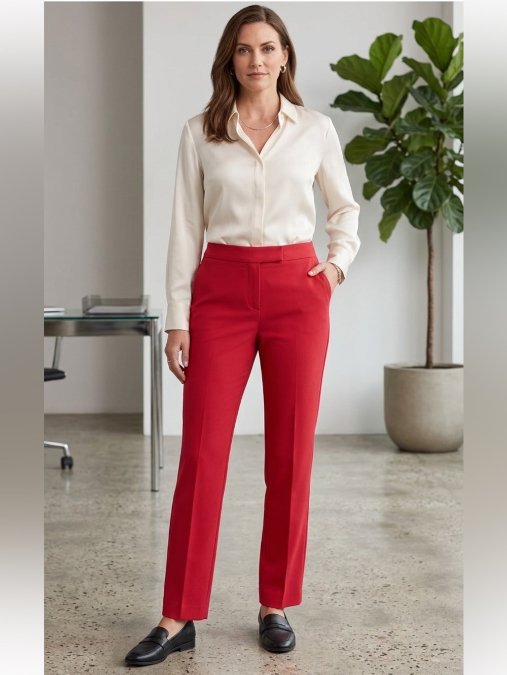 Anne Klein Red Trousers Size 10 Professional Office Pants Tailored Straight Leg